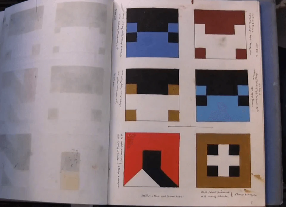 Frederick Hammersley's sketch book of paintings (video screen capture © Vanessa H. Smith)