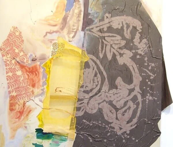(detail) Lauren Luloff, Yellow Window, 2011, Oil, bleached bed sheets, and fabric on muslin
