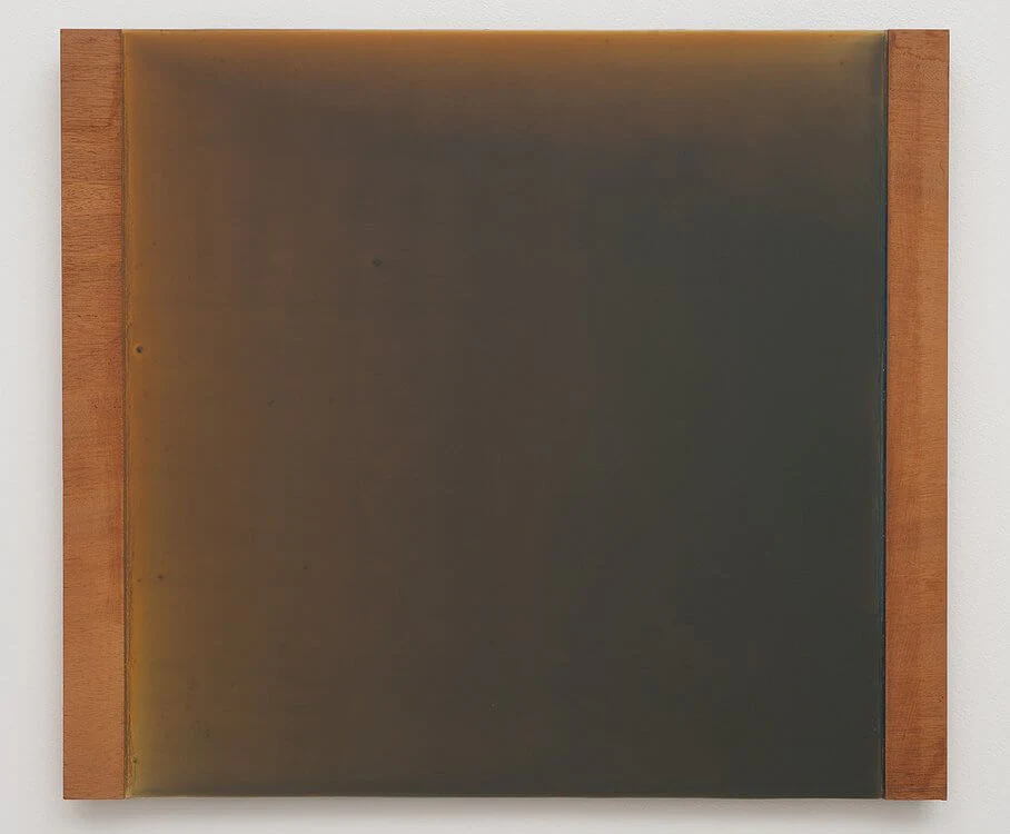 David von Schlegell, Grey Over Yellow, 1992, Oil, Polyur on Aluminum with Wood, 19.25 x 22 inches (courtesy China Art Projects, Los Angeles)