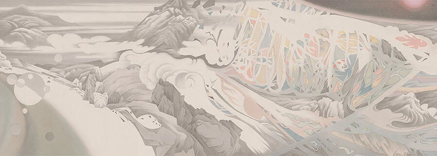 (detail) Hao Liang, Streams and Mountains without End, 2017, ink and color on silk, 16 11/16 × 395 1/4 inches (© Hao Liang, courtesy of Gagosian)