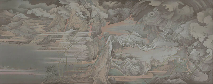 Hao Liang, Day and Night, 2017–18, (panel II), ink and color on silk, in 2 parts, 68 1/8 × 173 5/8 inches (© Hao Liang, courtesy of Gagosian)