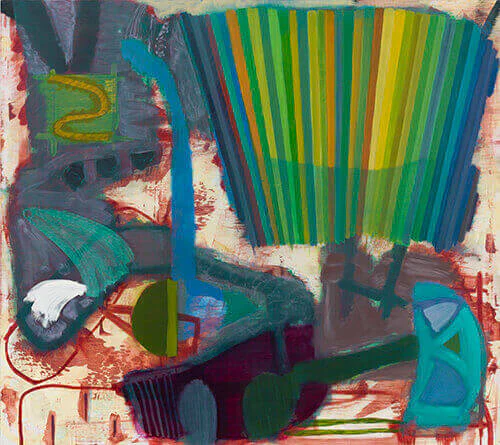 Julian Hatton, Yard, 2016-17 oil, wax pastel and colored pencil on canvas, 48 x 54 inches (courtesy of Elizabeth Harris Gallery)