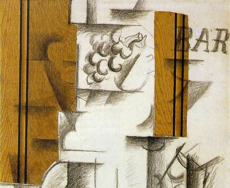 (detail) Georges Braque, Fruit dish and glass, 1912, papier collé and charcoal on paper (source: Wikipedia)