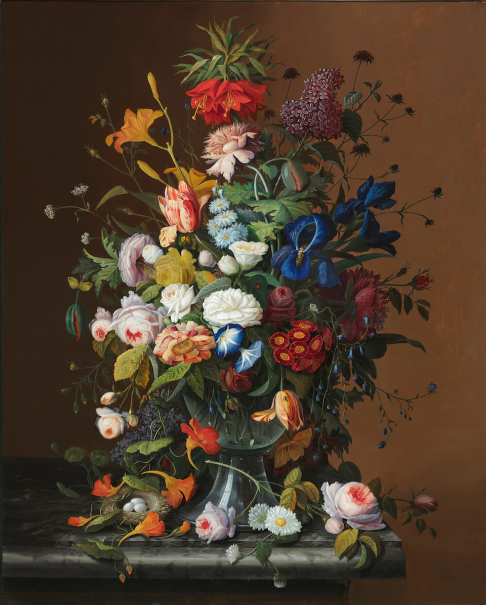 Severin Roesen, Flower Still Life with Bird's Nest, 1853, oil on canvas, 40 x 32
