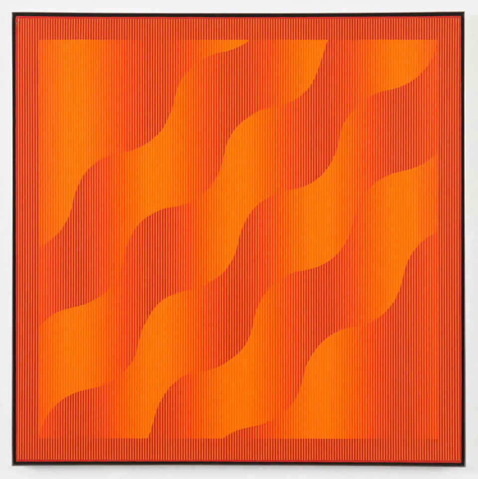 Julian Stanczak, Red + Red, 1972, acrylic on canvas, 38 by 38 inches (courtesy of Mitchell-Innes & Nash)
