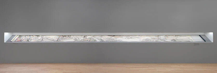Hao Liang, Streams and Mountains Without End, 2018, ink and color on silk, 17 × 395 inches, installation view at Gagosian Madison Avenue, New York (Artworks © Hao Liang, photo by Rob McKeever, courtesy of Gagosian)