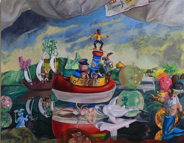 Megan Marlatt, Roger Plays with Copley's Toys (in memory of Roger Stein), 2010, acrylic and oil on linen, 54 x 42 inches