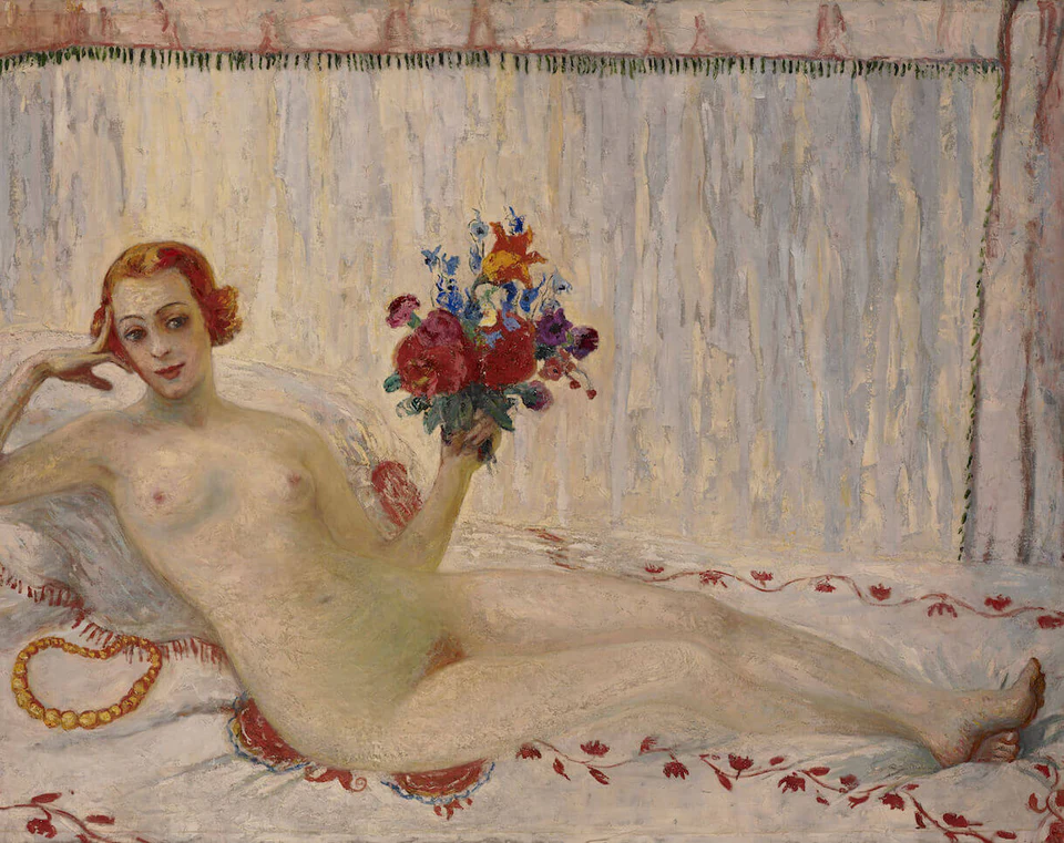 (detail) Florine Stettheimer, Nude Self-Portrait, c. 1915, oil on canvas, 48 1/4 x 68 1/4 inches (courtesy of Art Properties, Avery Architectural & Fine Arts Library, Columbia University)