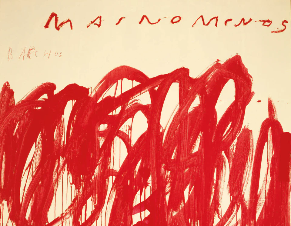 Cy Twombly, Untitled, Mainomenos, Bacchus, 2004, acrylic, wax crayon on wooden panel, 98 1/2 × 74 3/4 inches (© Cy Twombly, courtesy of Gagosian Gallery)