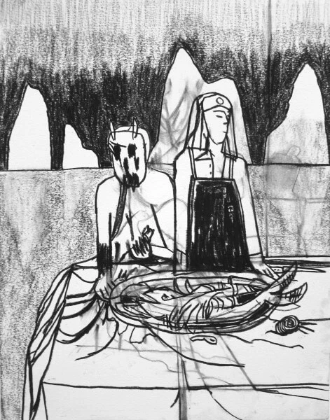 Trent Miller, THEY Offered US Fish, charcoal on paper, 14 x 11 inches, 2012 (courtesy of the artist)