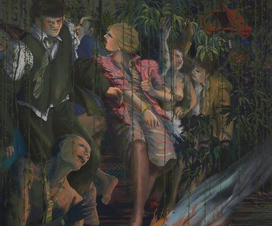 Maud Gatewood, Jungle Rituals, s/d 1987, acrylic on canvas, 60 x 72 inches (Weatherspoon Art Museum)