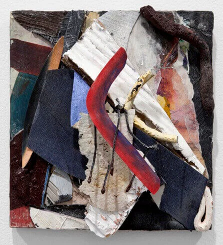 Joseph Montgomery, Image One Hundred Seven, 2008–2011, oil, clay, wax, cardboard, sponge, paper, pastel, canvas, plastic and steel wire on panel, 8 3/4 x 8 x 2 inches (courtesy of Laurel Gitlen Gallery)