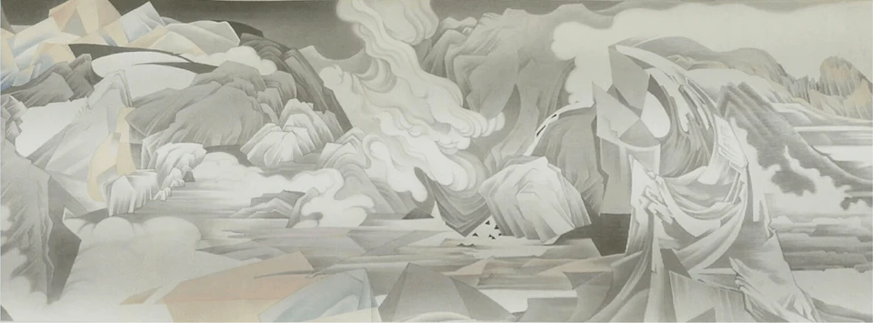 (detail) Hao Liang, Streams and Mountains without End, 2017, ink and color on silk, 16 11/16 × 395 1/4 inches (© Hao Liang)