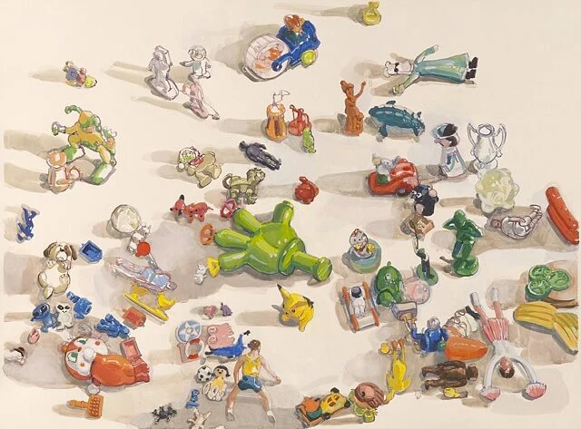 Megan Marlatt, Scattered Toys 2, 2009, gouache on paper, 30 x 22 inches (courtesy of the artist)