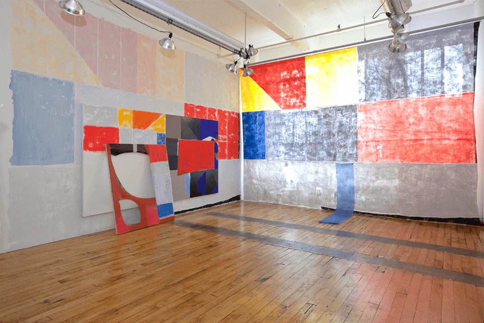 Anna Kunz, Installation view version 2, 2011 painted scrim, wall painting and paintings on canvas collaged to wall, 12' x 20' x 20'd (courtesy of the artist)