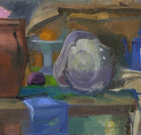 Ruth Miller, Shell, Blue Coffee Pot, oil on linen, 16 x 22 inches, 2011