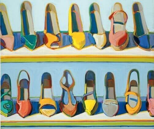(detail) Wayne Thiebaud, Shoe Rows, 1975, oil on canvas, 30 x 24 inches (76.2 x 61 cm), Collection of Betty Jean Thiebaud, Art ©