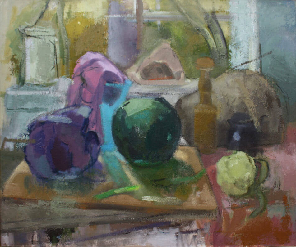 Ruth Miller, Cabbage, Melon, Window Still Life, 2013/14, oil on canvas, 26 x 31 inches (courtesy of the artist)