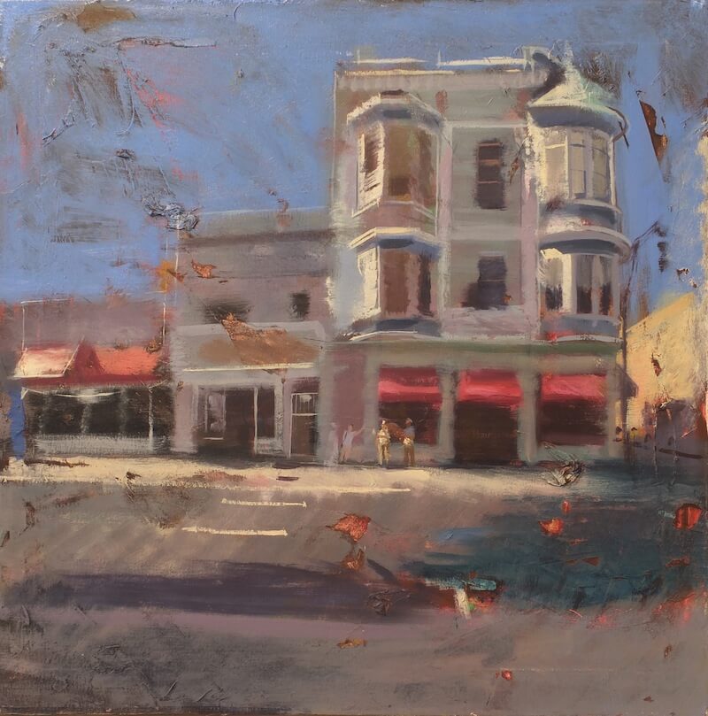 Andrew Patterson-Tutschka, Bus Stop Near Ruhstaller Building, 2014, oil on canvas, 24 × 14 inches (courtesy of the artist)