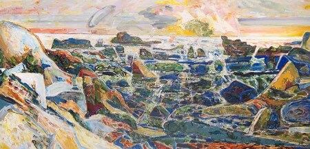 Bernard Chaet, Spreading Light, 1989-2000, oil on canvas, 33 in x 73 inches (courtesy of LewAllen Galleries)Bernard Chaet, Rocks at Folly Cove, 1990, oil on canvas, 24 in x 66 inches (courtesy of LewAllen Galleries)