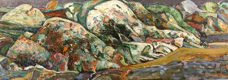 Bernard Chaet, Rocks at Folly Cove, 1990, oil on canvas, 24 in x 66 inches (courtesy of LewAllen Galleries)