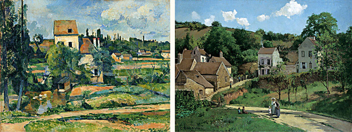 Paul Cézanne, Mill on Couleuvre near Pointoise, c. 1881/ Camille Pissarro, L'Hermitage at Pointoise, c. 1867