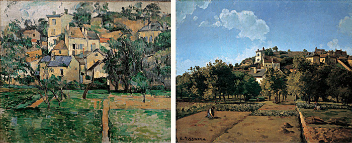 Paul Cézanne, l'Hermitage at Pontoise, 1881 / Camille Pissarro, Gardens at l'Hermitage,  1867-69