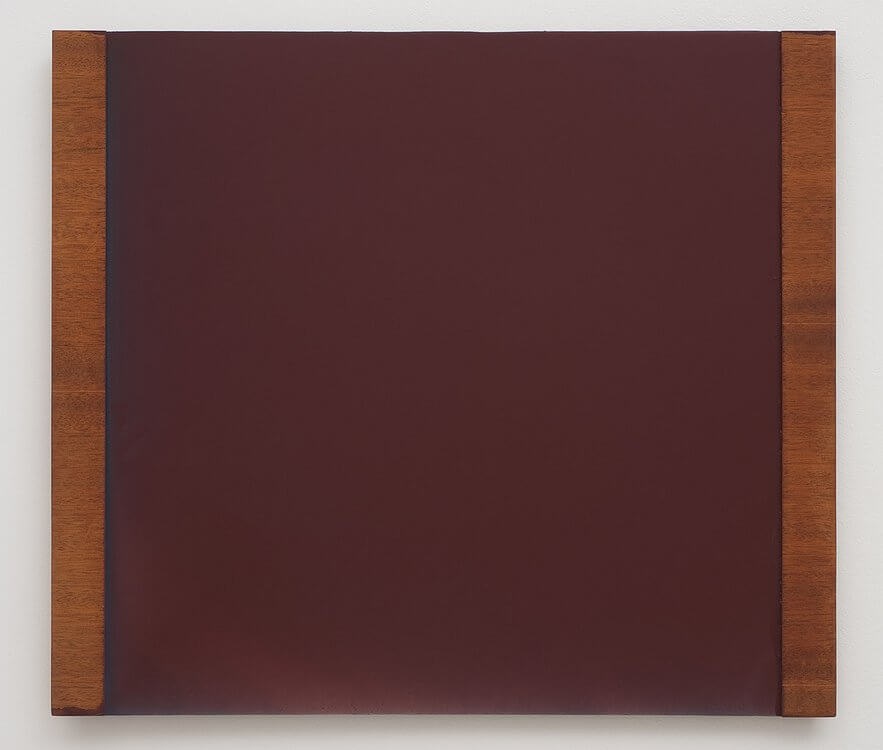 David von Schlegell, Dark Red Over Blue, 1991, Oil, Polyur on Aluminum with Wood, 19.5 x 22 inches (courtesy China Art Projects, Los Angeles)