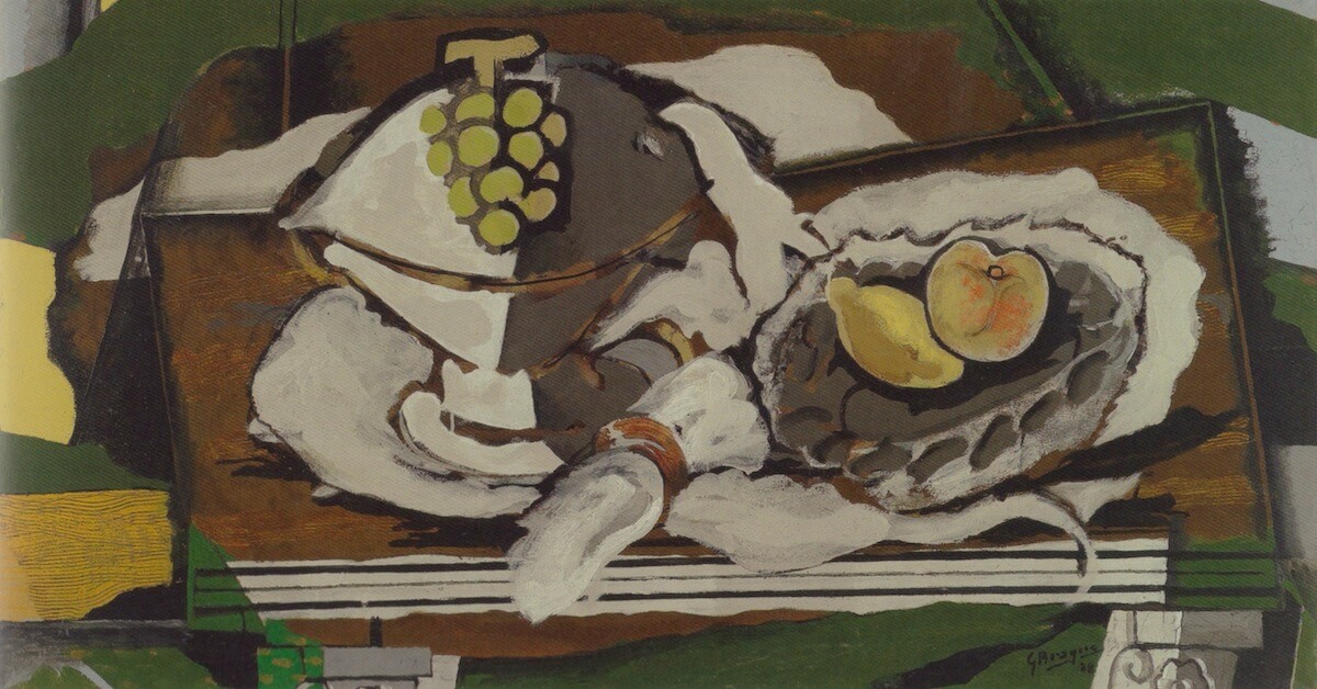 Georges Braque, Fruit Dish and Fruit Basket, 1928, oil and sand on canvas 19 1/4 x 35 1/2 inches (Virginia Museum fo Fine Arts)