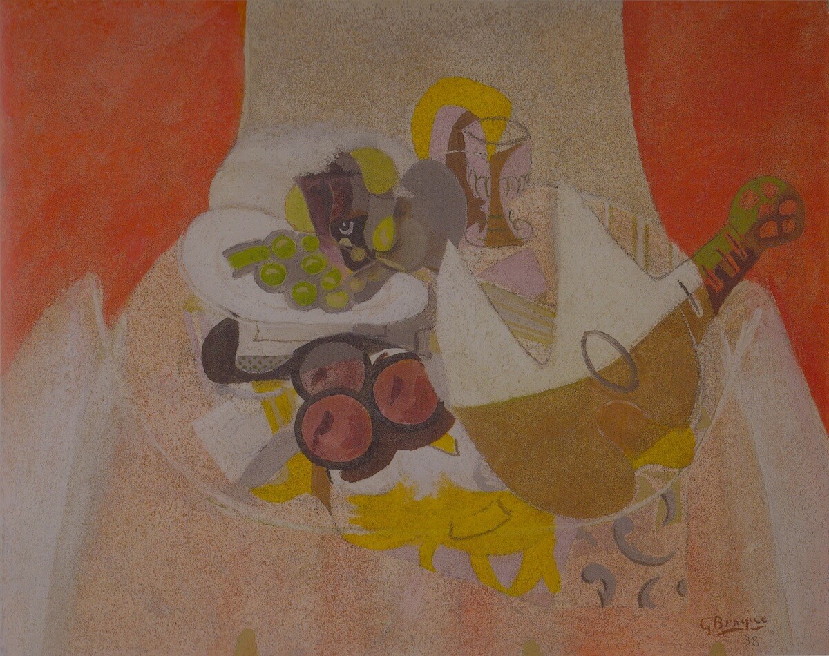 Georges Braque, Fruit, Glass, and Mandolin, 1938, oil and sand on canvas, 31 7/8 x 39 3/8 inches (National Gallery of Art)