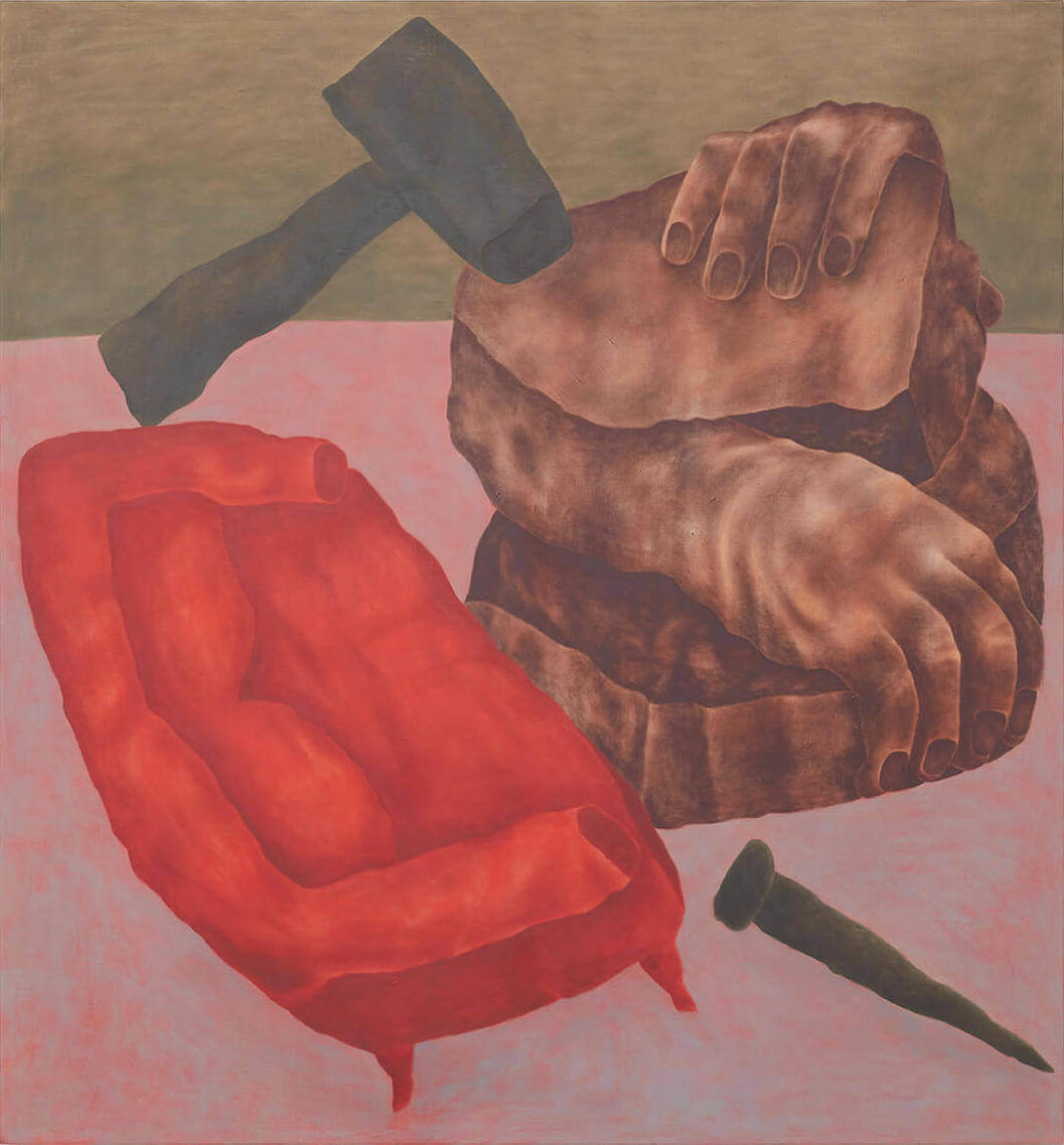 Ginny Casey, Couch and Carving, 2017, oil and acrylic on linen, 70 x 65 inches (courtesy of Mier Gallery)
