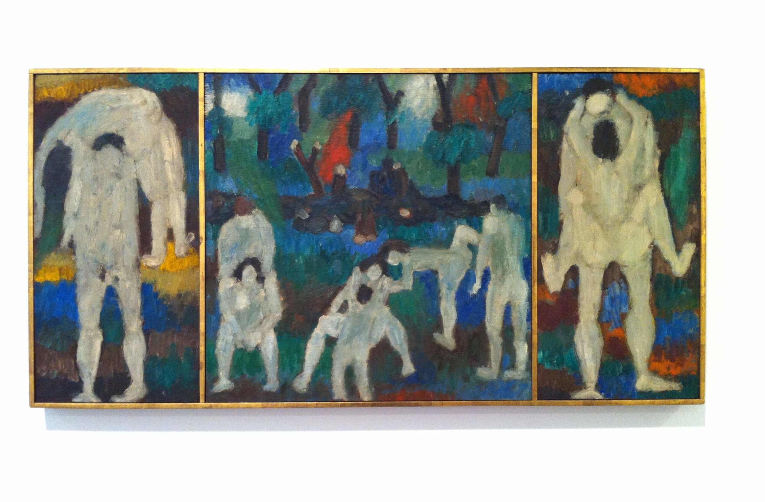 Jan Müller, Bacchanale Triptych, c. 1955-56, oil on panel (3 Parts), 17 3/4 x 36 1/4 inches (courtesy Lori Bookstein Fine Art)