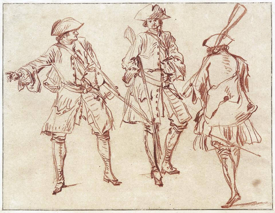 Jean-Antoine Watteau, Three Studies of a Soldier, One from Behind, ca. 1713–15, Red chalk, within black ink framing lines 5 15/16 × 7 13/16 inches (Fondation Custodia, Collection Frits Lugt, Paris)