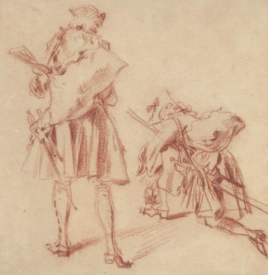 Jean-Antoine Watteau, Two Studies of a Soldier Viewed from Behind, ca. 1712, Red chalk, within brown ink framing lines, 6 5/16 x 6 1/8 inches (Yale University Art Gallery)
