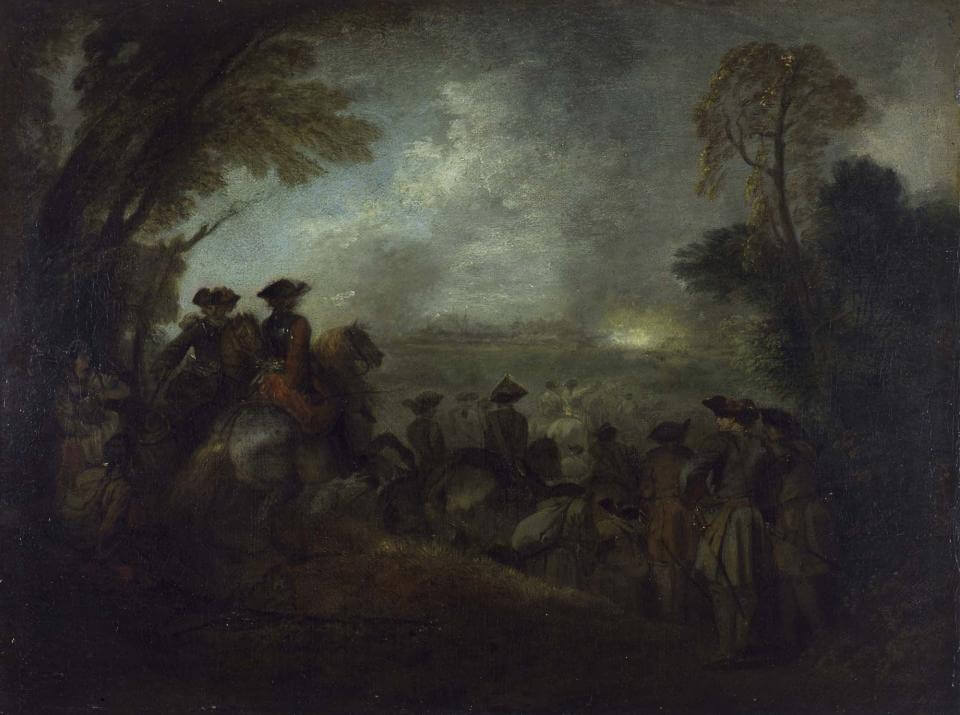 Jean-Antoine Watteau, The Line of March, ca. 1710, oil on canvas, 15 3/8 x 19 5/16 inches (York Museums Trust,York Art Gallery)
