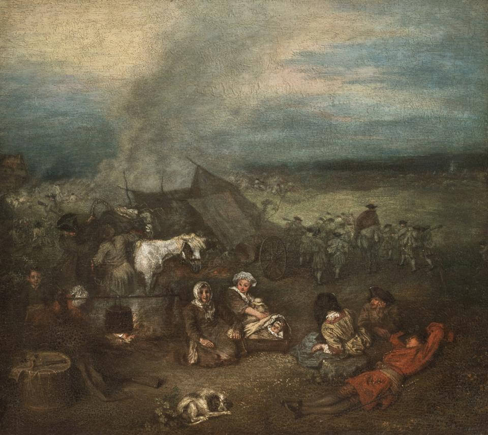 Jean-Antoine Watteau, The Supply Train, ca. 1715, oil on panel, 11 1/8 x 12 3/8 inches (Collection of Lionel and Ariane Sauvage)