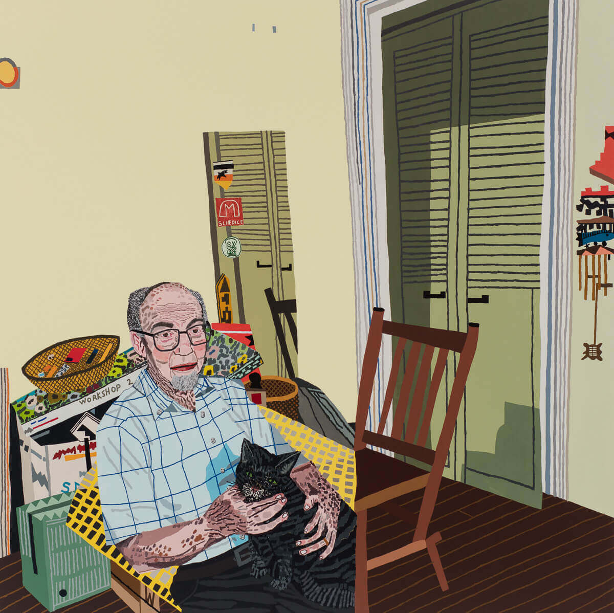 Jonas Wood, Rosy In My Room With His Cat, 2016, oil and acrylic on canvas, 68 x 68 inches (courtesy of Anton Kern Gallery)