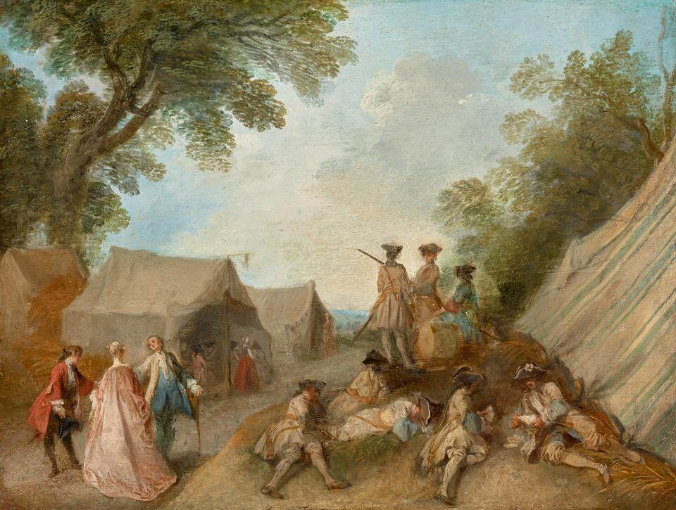 Nicolas Lancret, Military Camp, ca. 1722, oil on panel, 6 7/8 × 8 11/16 inches (Collection of Dr. Mary Tavener Holmes)