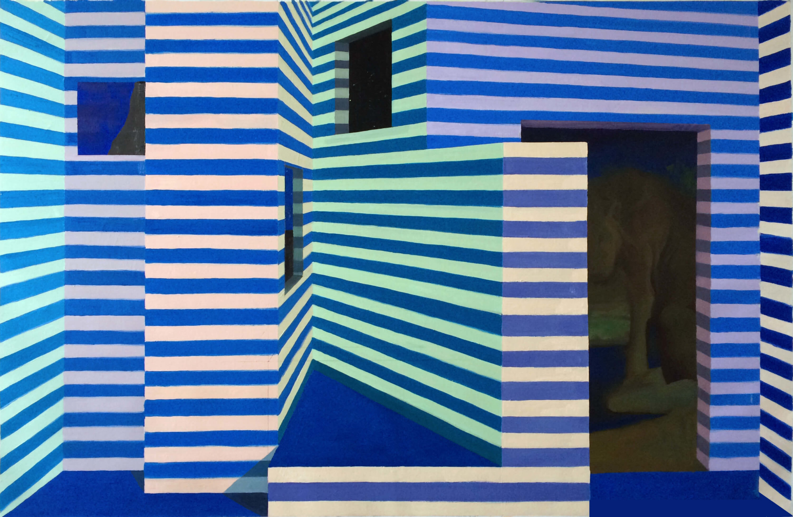 Emil Robinson, Blue Striped Interior, 2016, 72 × 50 inches, oil on linen (courtesy of the artist)