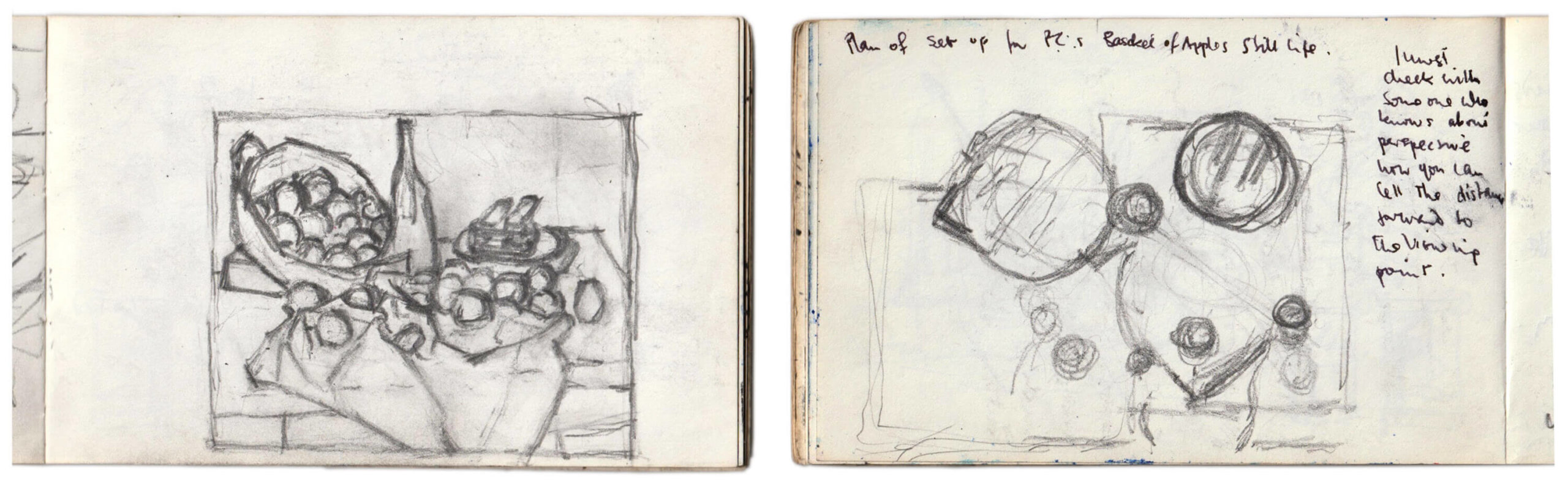 Sargy Mann, Sketchbook, Cézanne Studies (Sargy Mann estate) <br /><br />Sketchbook notes by Sargy Man include: “I must Check with someone who knows about perspective, how you can tell the distance forward to the viewing point.”