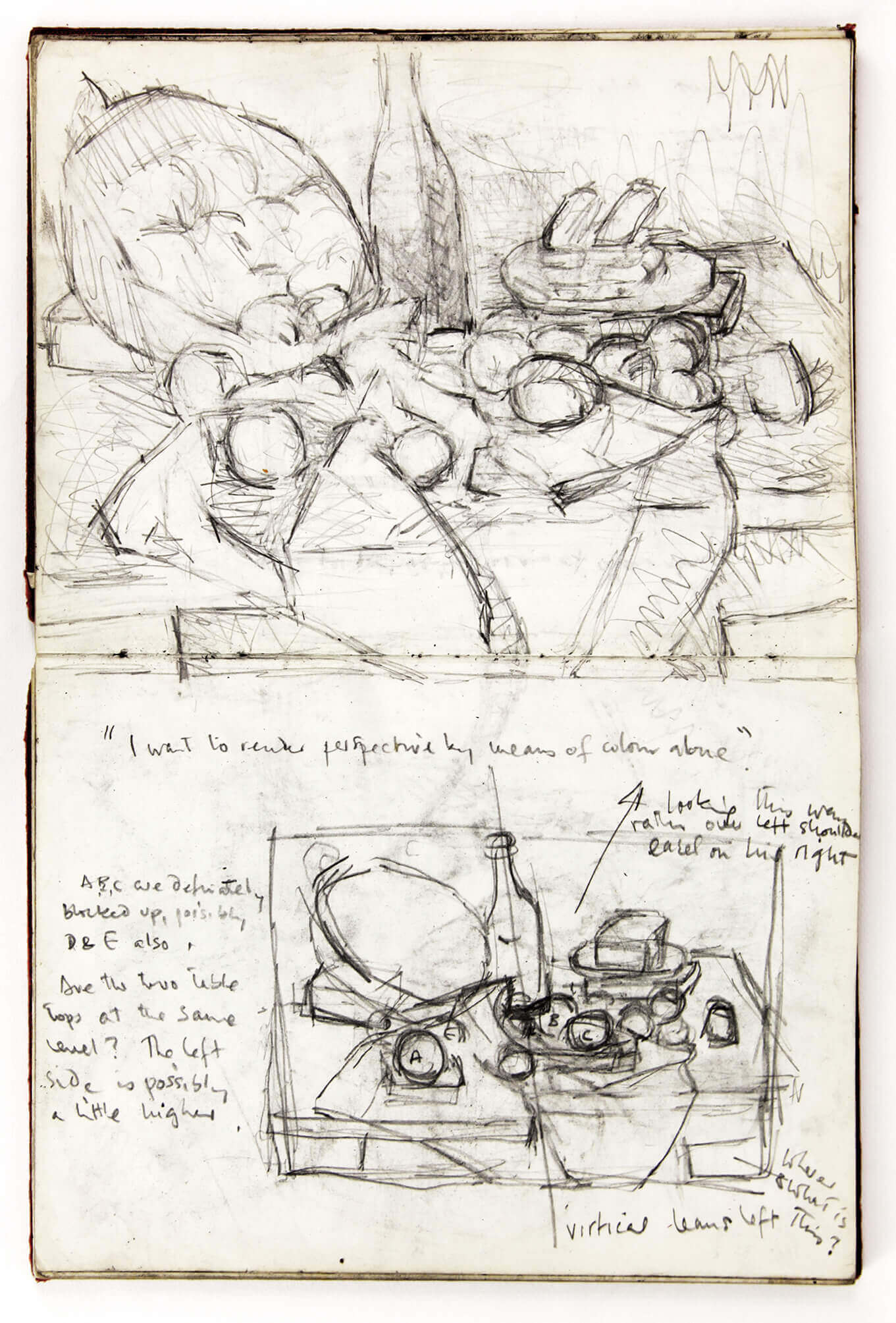 Sargy Mann, Sketchbook, Cézanne Studies (Sargy Mann estate)<br /><br />Sketchbook notes by Sargy Man include: “I want to render perspective by means of colour alone” Cézanne, from Joachim Gasquet’s <em>Conversations with Cézanne</em> as well as notations about how Cézanne used different surface heights and hidden blocks to disrupt expected spatial arrangements.