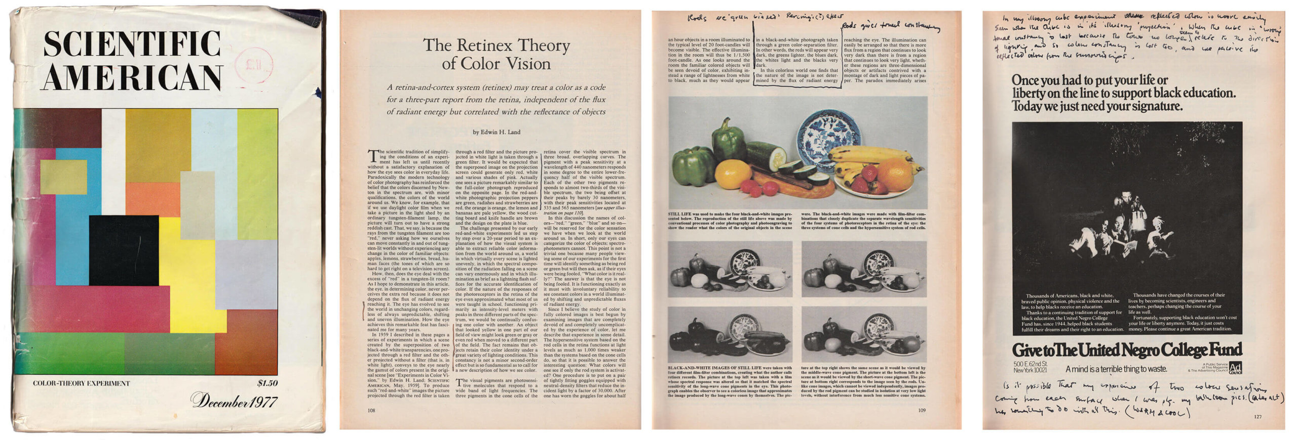 Edwin Land’s “Retinex Theory” in Scientific American with notes by Sargy Mann (Sargy Mann estate)