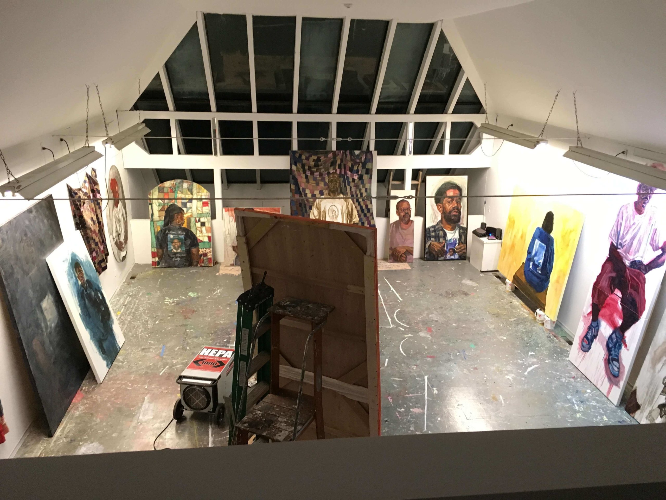 View of Sedrick Huckaby's work in Elaine de Kooning's Studio, view from the studio loft