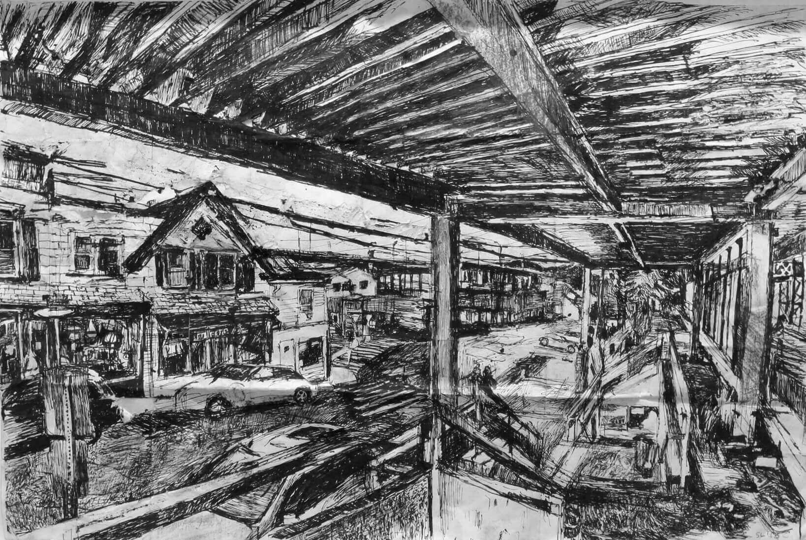 Stanley Lewis, Westport Train Station, 2013, ink on paper, 16 x 23.5 inches (From the Louis-Dreyfus Family Collection, courtesy of The William Louis-Dreyfus Foundation Inc.)