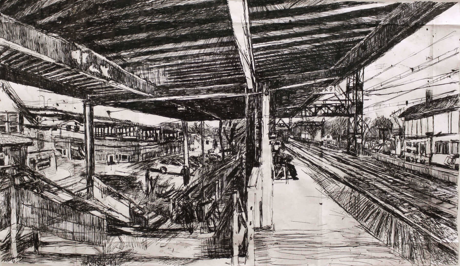 Stanley Lewis, Westport Station with Figures, 2009, ink on paper, 13 x 23 inches (From the Louis-Dreyfus Family Collection, courtesy of The William Louis-Dreyfus Foundation Inc.)