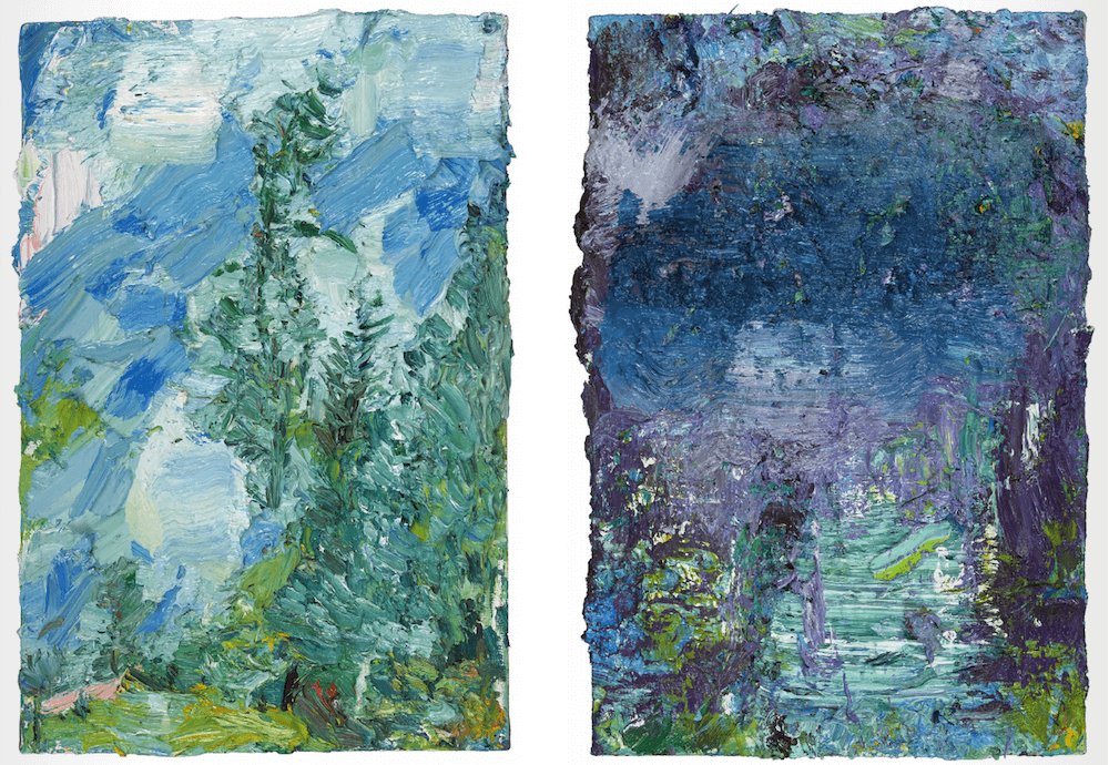Ying Li, Ascona, Nutty Pine, 2013, oil on linen, 18 x12 inches (left) and Ascona Rain, 2013, oil on linen, 18 x12 inches (right). Li painted both paintings from the same vantage point, the former in full sun, the latter as a cloud descended.