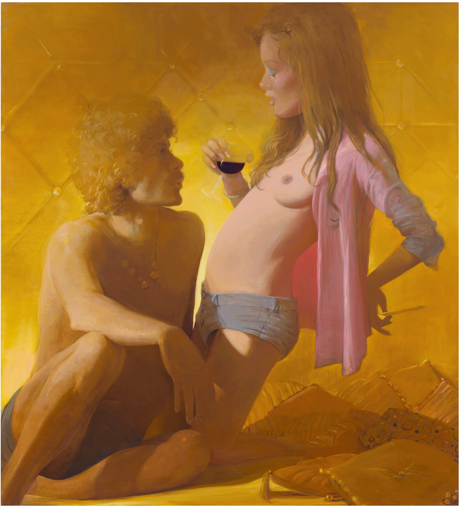 Lisa Yuskavage, Golden Couple, 2018, oil on linen, 77 1/8 x 70 inches (courtesy of David Zwirner Gallery)
