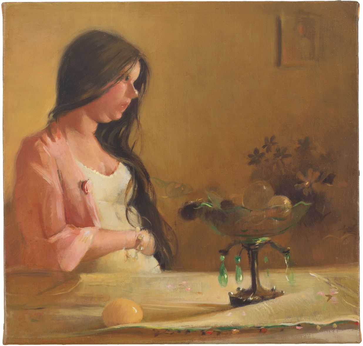 Lisa Yuskavage, Wee Morning, 2004, oil on linen, 10 x 10 3/8 inches (Private Collection, image courtesy of David Zwirner Gallery)