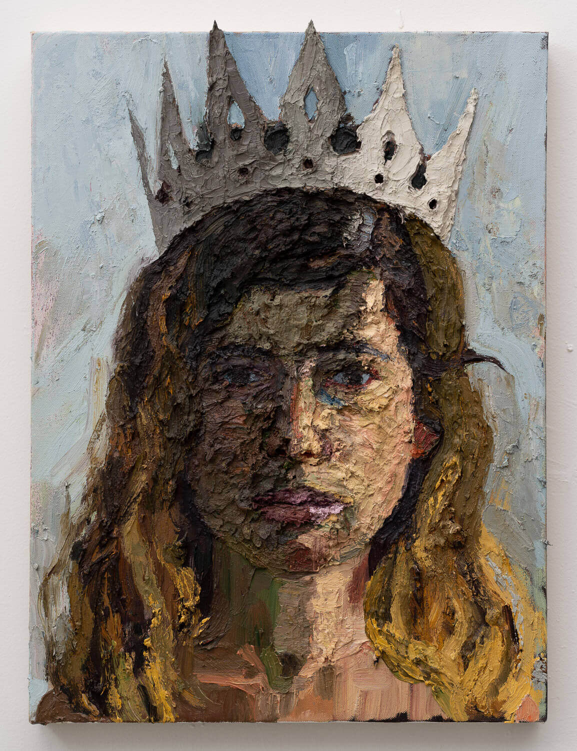 Avital Burg, Birthday self portrait with gray crown, 2020, oil on canvas, 24 x 18 inches (courtesy of the artist)