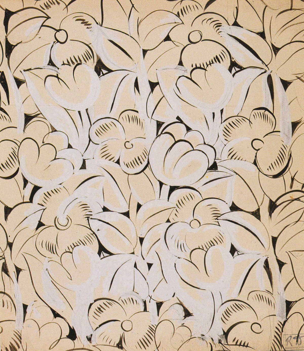 Raoul Dufy, Fleurs blanches et beiges (textile design), gouache, 70 x 60 cm, 27 ½ c 23 ½ inches